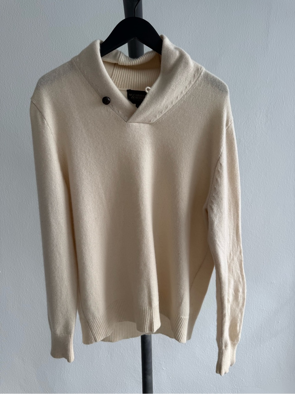McCarren & Sons 100% Cashmere Shawl Collar Sweater Men L Ivory Leather Button